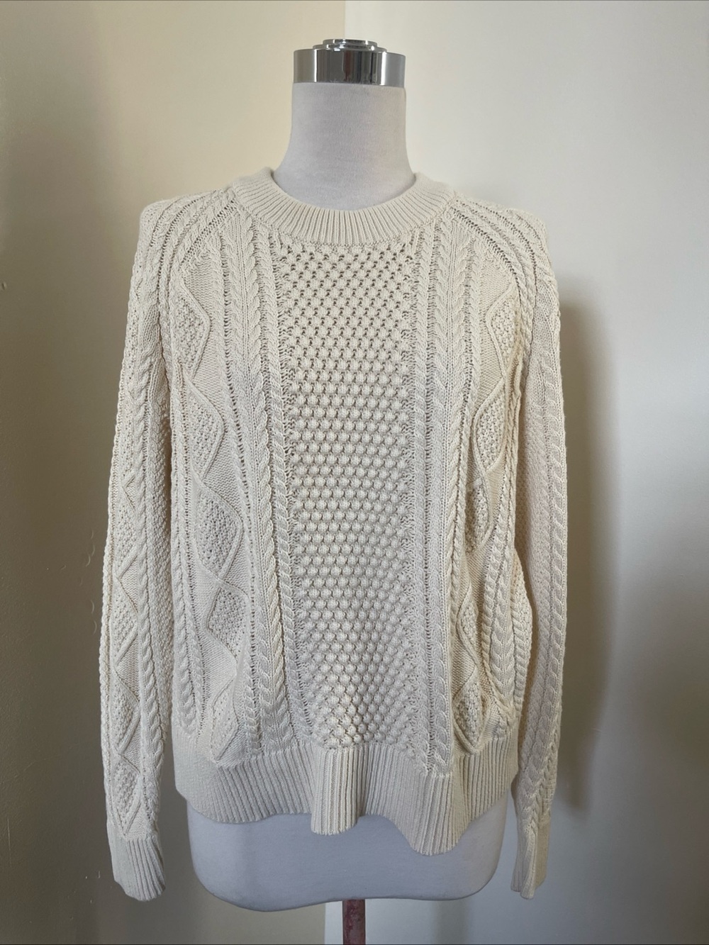 J. Crew Ivory Cable & Honeycomb Crewneck Sweater